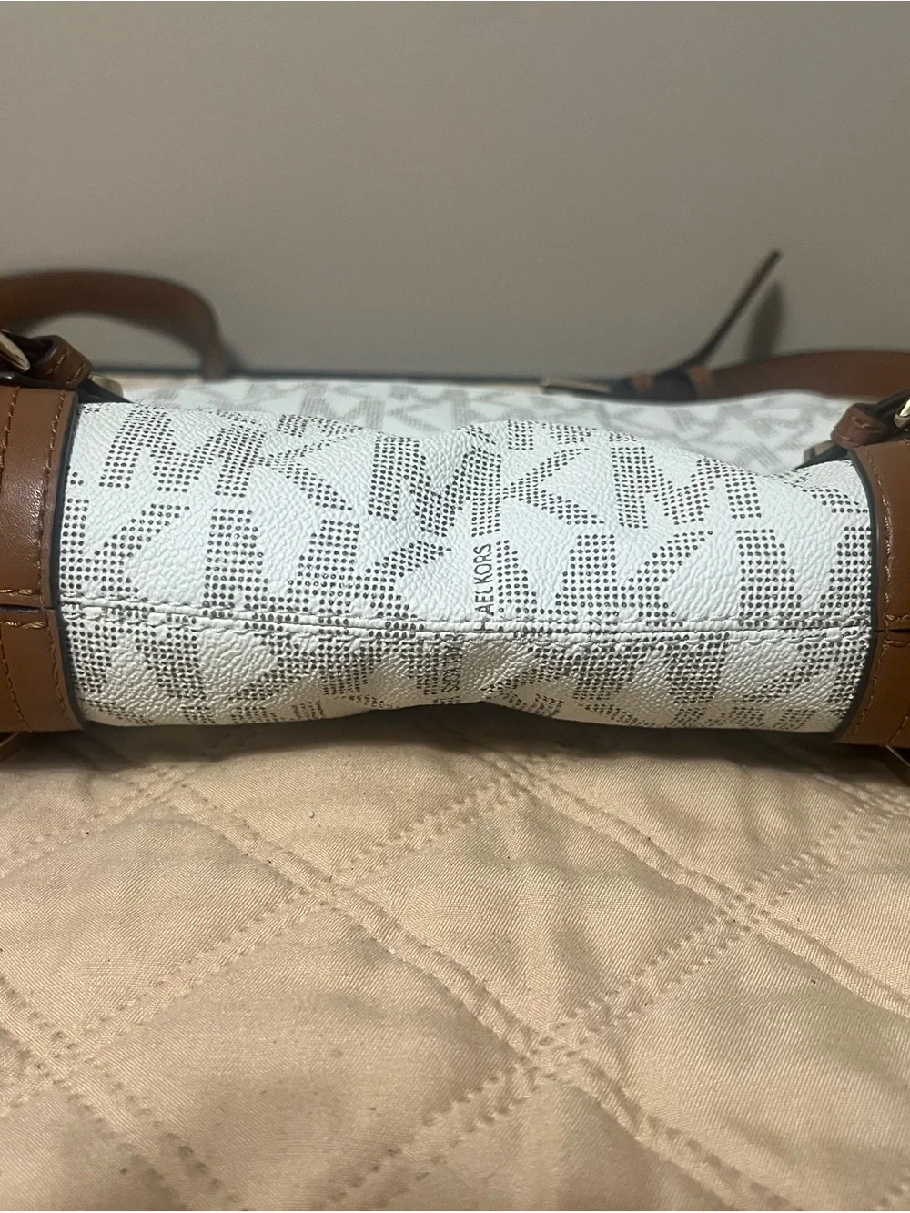 Michael Kors White and Brown MK Logo Crossbody with Leather Trim